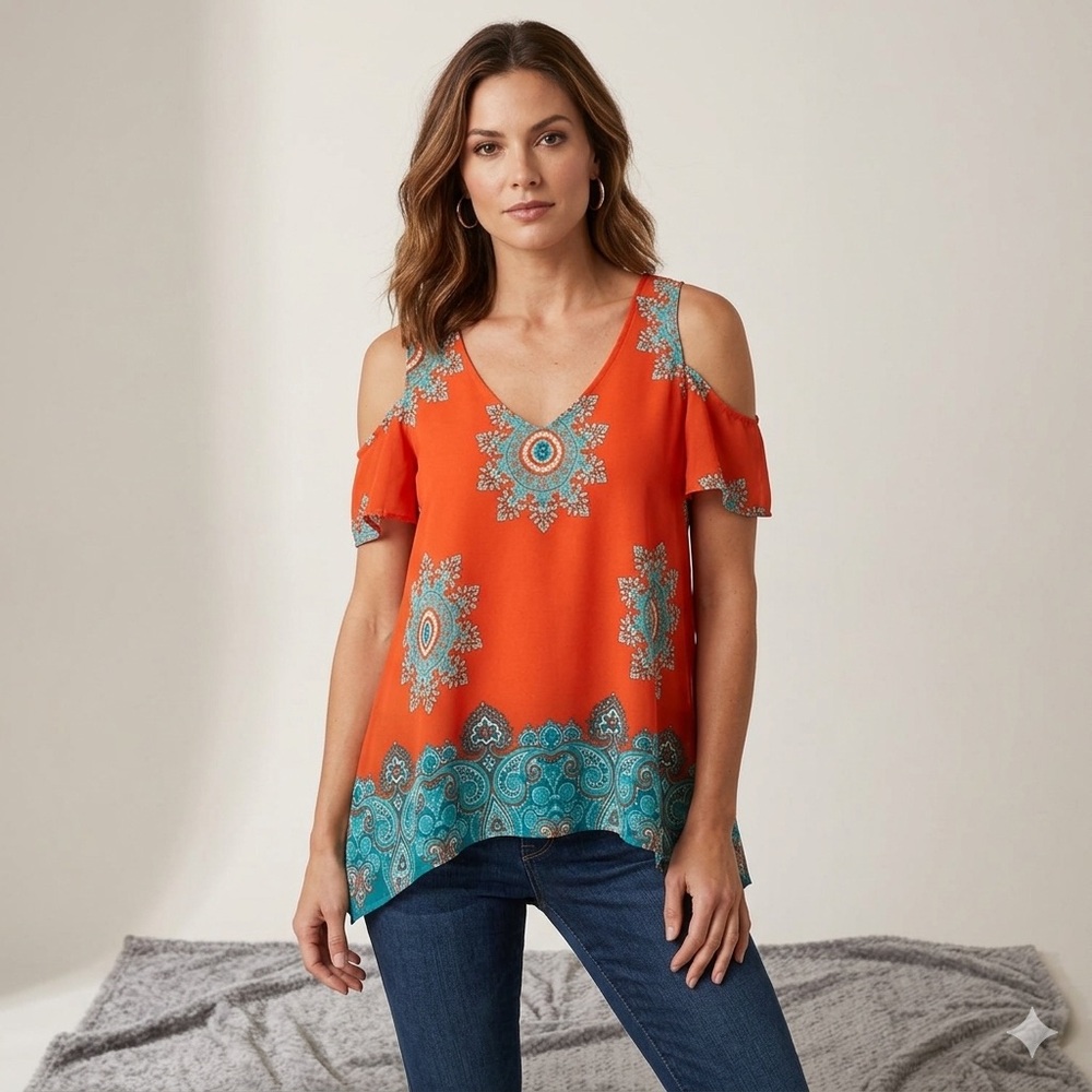 VENUS Boho Orange Cold-Shoulder Tunic‎ with Teal Medallion Print Size L